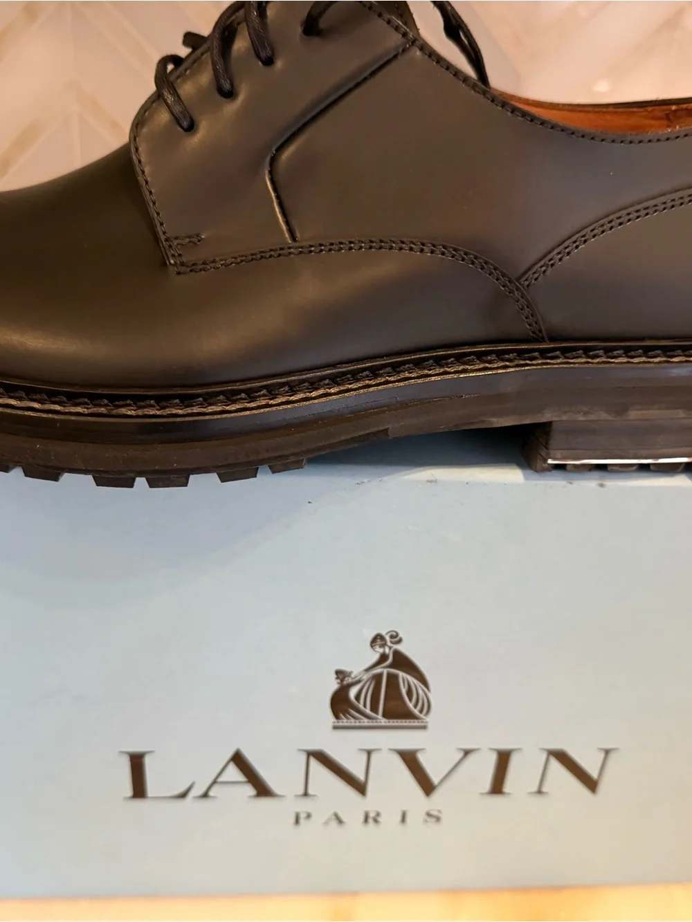 Lanvin Black Leather Derby Shoes with Lug Sole
